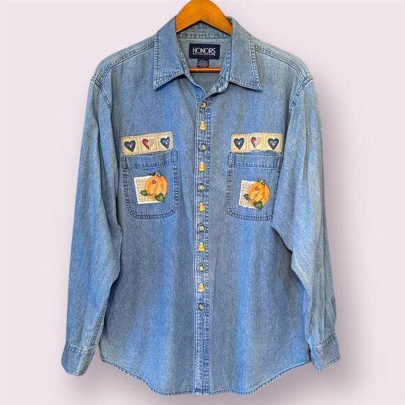 HONORS Vintage Pumpkin Patch Fall Halloween Cottagecore Button Down Shirt - Picture 1 of 13